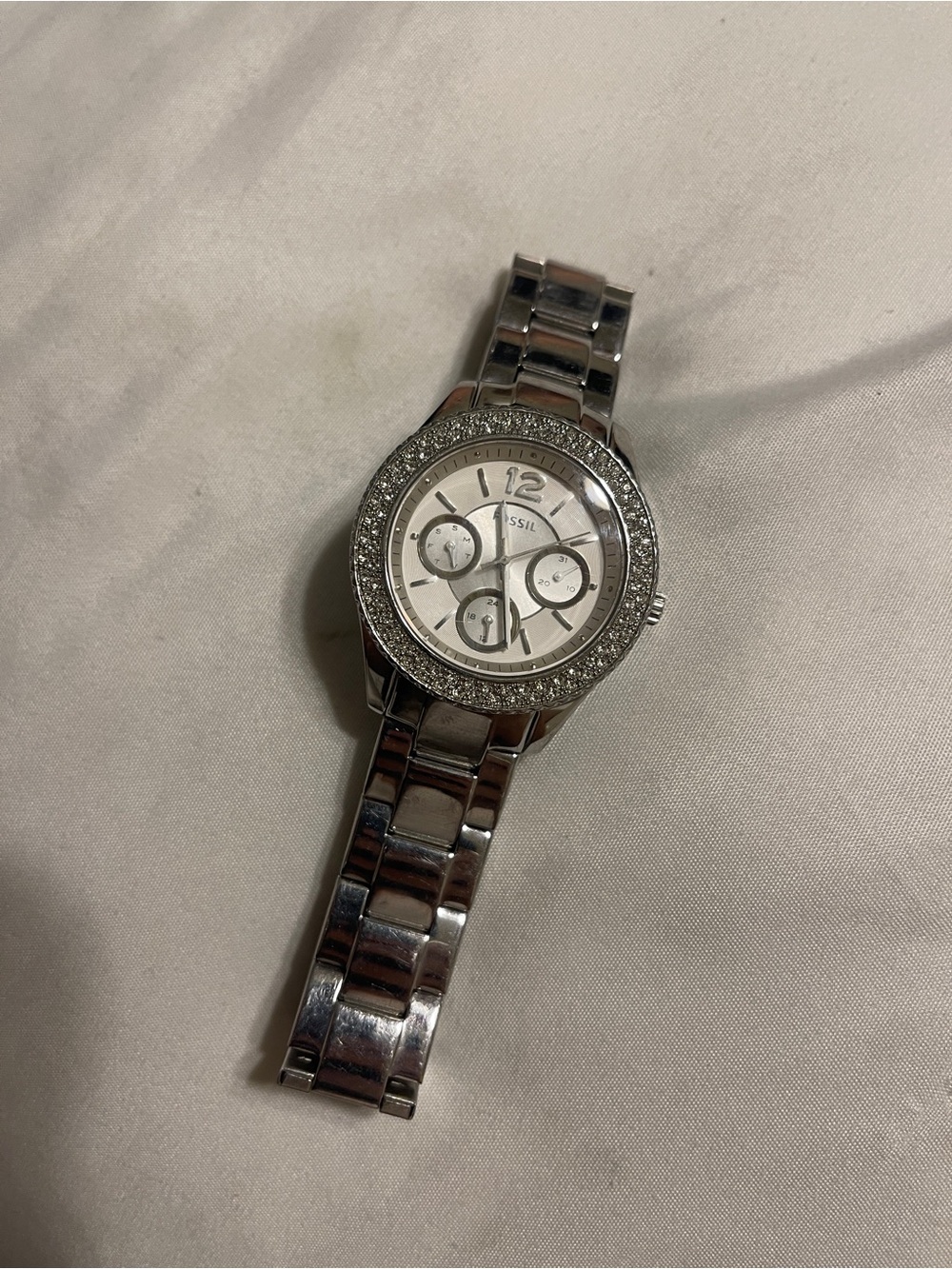 Fossil Silver Crystal-Bezel Stainless Steel Bracelet Watch
